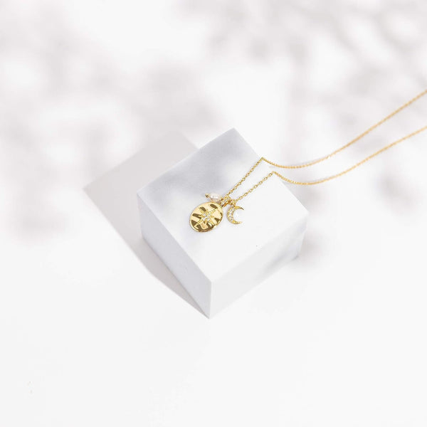 Gold Compass Moon & Pearl Pendant Necklace for Women – Celestial CZ Statement Jewelry - KARMARKA