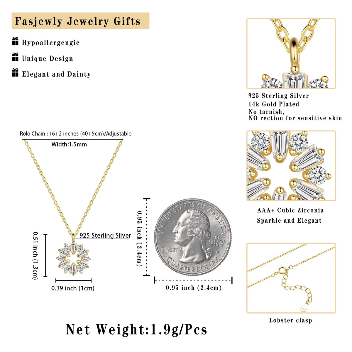 Gold Cute Necklace,Sterling Silver Dainty round CZ Pendant Necklaces for Women - KARMARKA