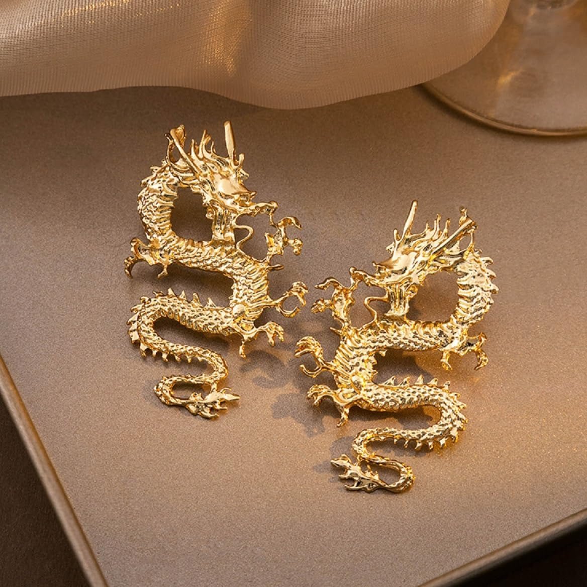 Gold Dragon Stud Earrings for Women – Detailed Asian Dragon Statement Earrings - KARMARKA