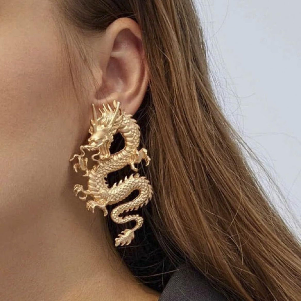 Gold Dragon Stud Earrings for Women – Detailed Asian Dragon Statement Earrings - KARMARKA