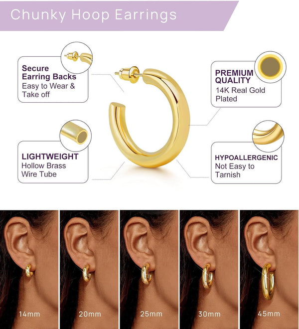 Gold Hoop Earrings, 14K Gold Plated Chunky Small Hoop Earrings for Women Lightweight Jewelry Gifts 14/20/30/35/45MM - KARMARKA
