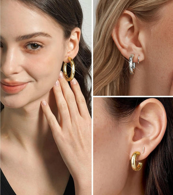 Gold Hoop Earrings, 14K Gold Plated Chunky Small Hoop Earrings for Women Lightweight Jewelry Gifts 14/20/30/35/45MM - KARMARKA