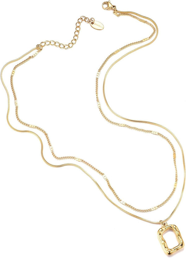 Gold Layered Necklace for Women Trendy Jewelry 14K Real Gold Plated Chunky Chain Stackable Necklaces Dainty Choker Necklaces Rectangle Square Pendant - KARMARKA