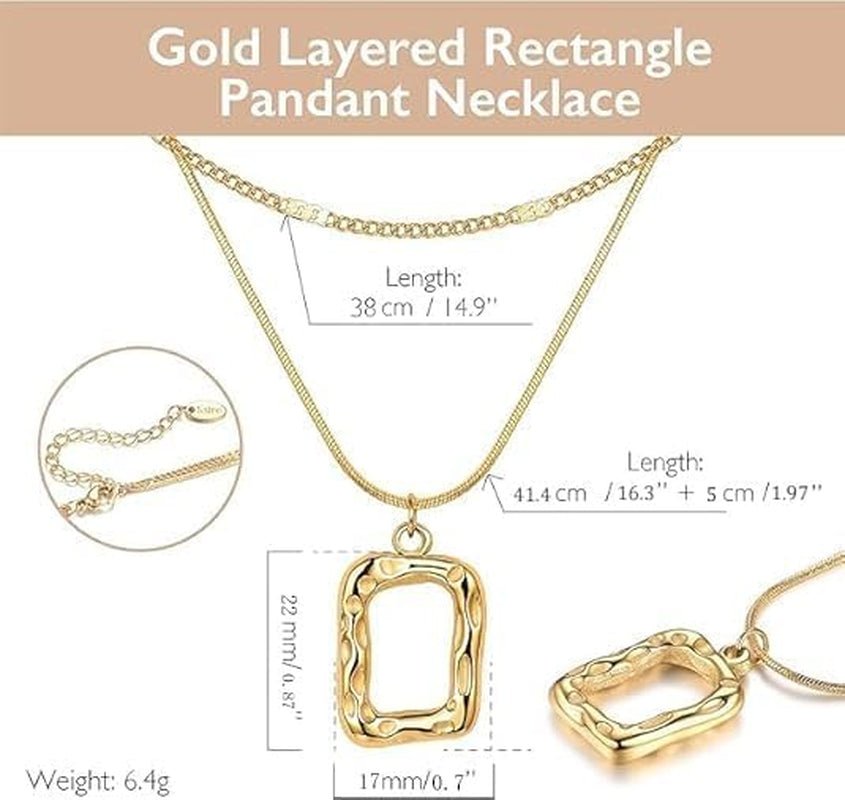 Gold Layered Necklace for Women Trendy Jewelry 14K Real Gold Plated Chunky Chain Stackable Necklaces Dainty Choker Necklaces Rectangle Square Pendant - KARMARKA