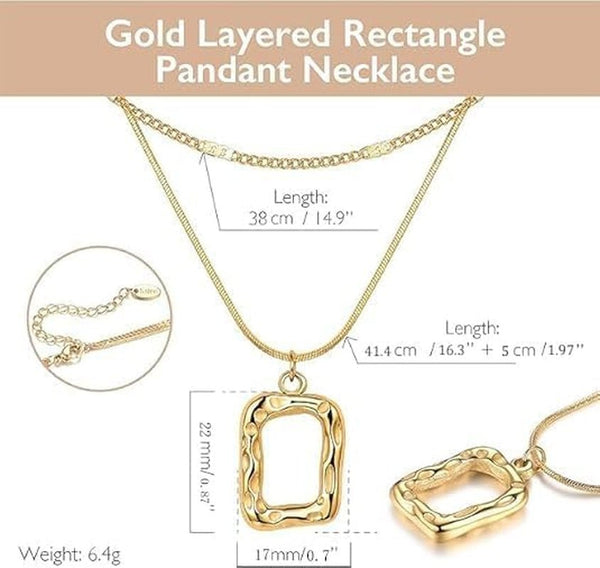 Gold Layered Necklace for Women Trendy Jewelry 14K Real Gold Plated Chunky Chain Stackable Necklaces Dainty Choker Necklaces Rectangle Square Pendant - KARMARKA