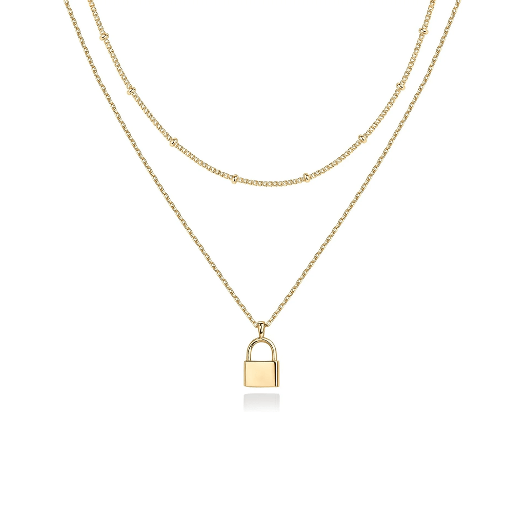 Gold-Tone Lock Pendant Layered Necklace for Women – Dainty Double Chain Jewelry - KARMARKA