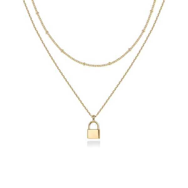 Gold-Tone Lock Pendant Layered Necklace for Women – Dainty Double Chain Jewelry - KARMARKA