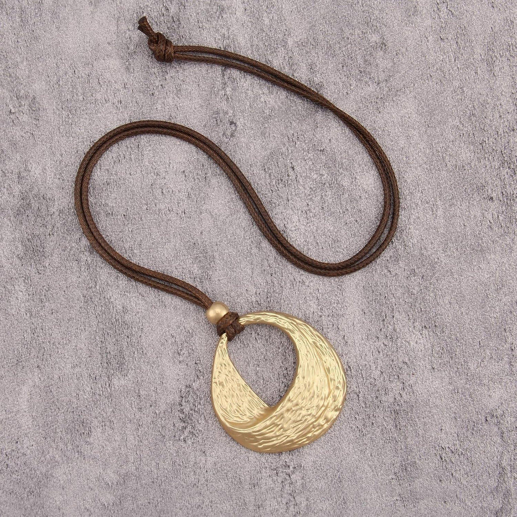 Gold-Tone Textured Circle Pendant Necklace for Women – Boho Leather Cord Statement Jewelry - KARMARKA
