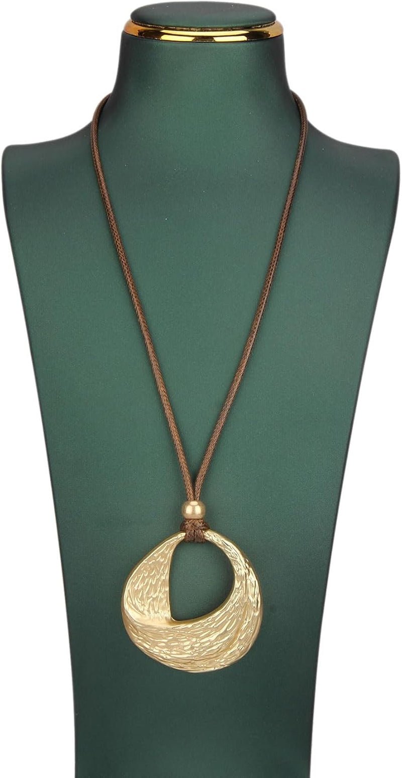 Gold-Tone Textured Circle Pendant Necklace for Women – Boho Leather Cord Statement Jewelry - KARMARKA