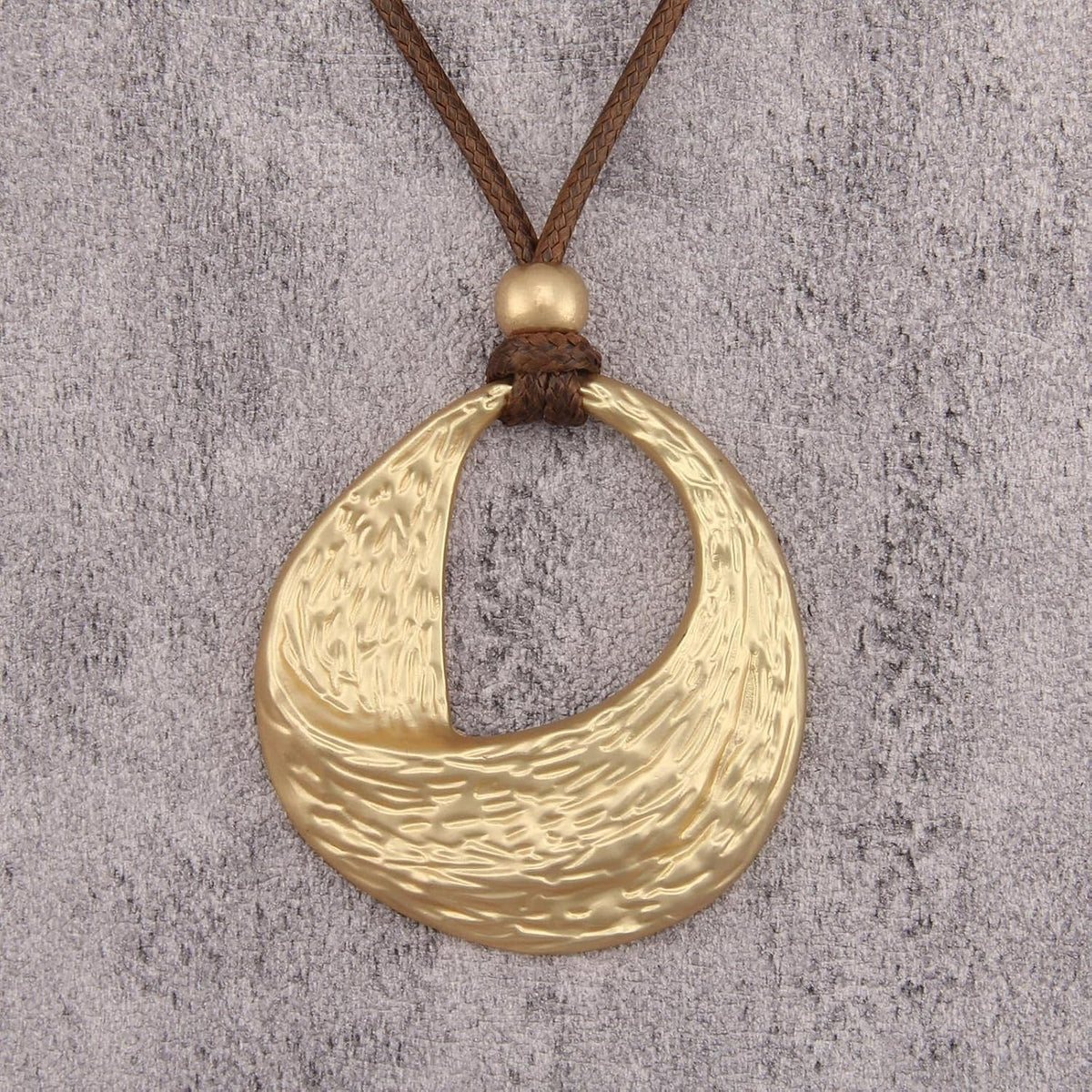 Gold-Tone Textured Circle Pendant Necklace for Women – Boho Leather Cord Statement Jewelry - KARMARKA