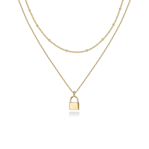 Gold-Tone Lock Pendant Layered Necklace for Women – Dainty Double Chain Jewelry