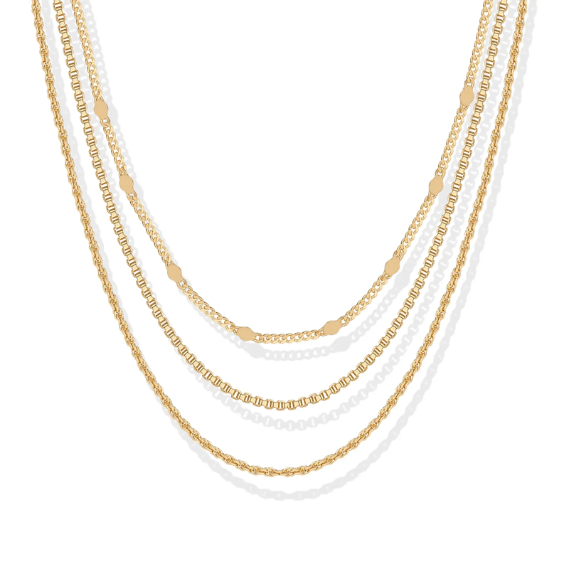14K Gold Plated Layered Triple Chain Necklaces for Women - Fine Charm Jewelry - 0.55Mm 0.65Mm 0.7Mm Thick Trendy Necklace Main image