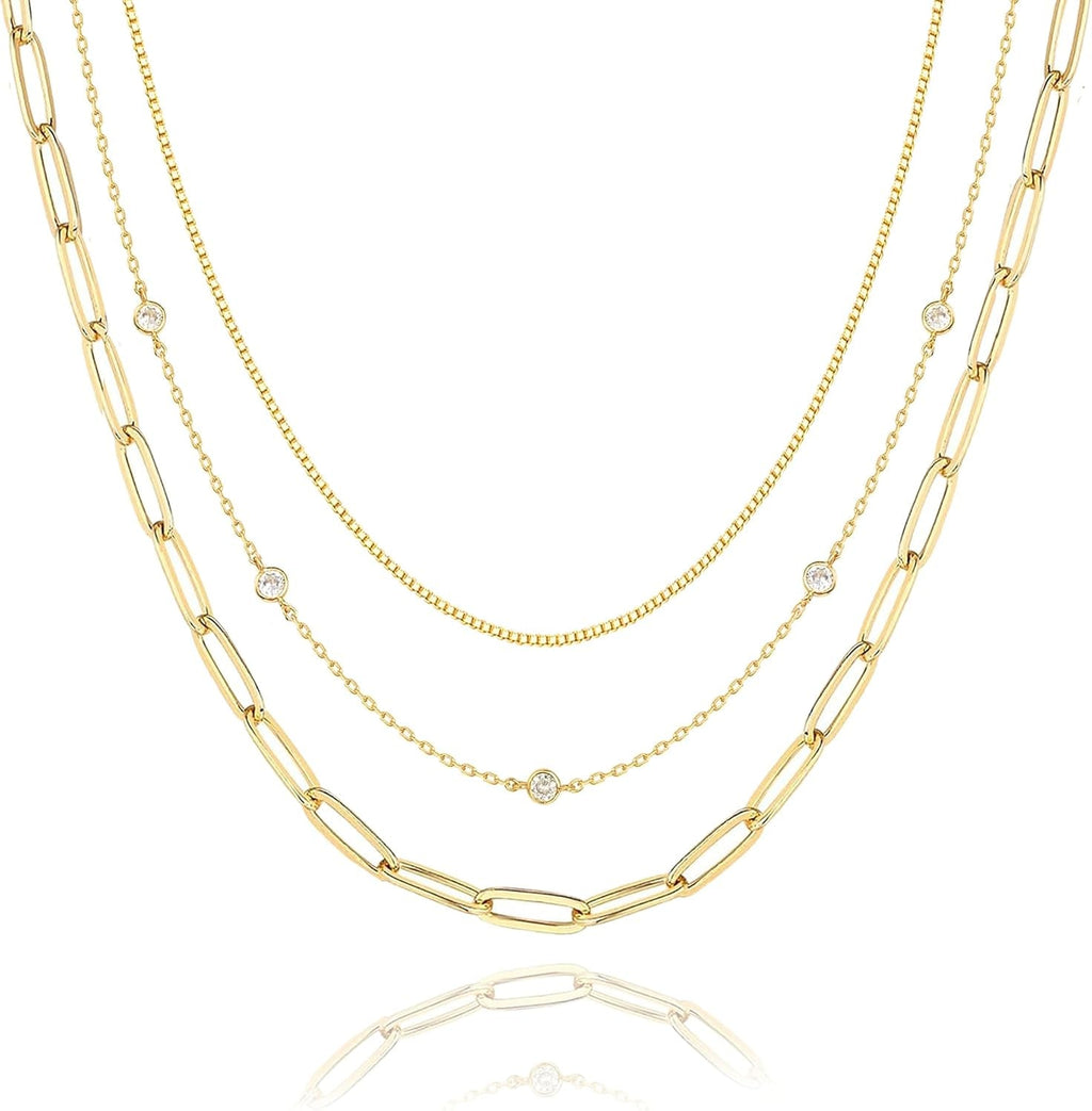 Layered Necklaces for Women, Dainty Gold Necklace Stack 14K Gold Plated Layering CZ Chain Choker Necklaces for Women Trendy Simple Non Tarnish Gold Necklaces Set Fashion Bridal Prom Jewelry - KARMARKA