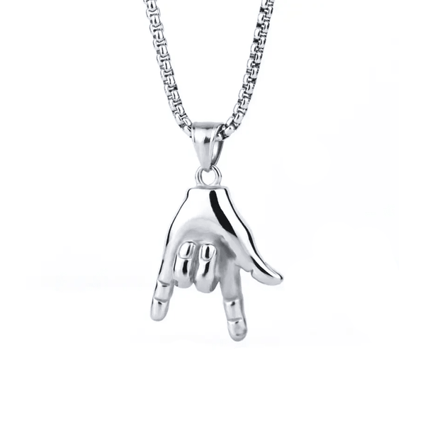 Men'S Individuality Hand Gesture Rock on Titanium Steel Pendant Necklace, Durable Steel Chain Necklaces, Ideal Music-Lover Gift - KARMARKA