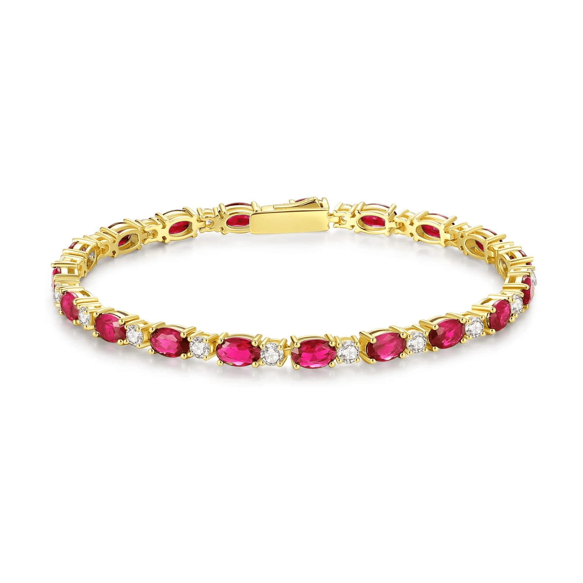 Pink Ruby & Crystal Tennis Bracelet for Women – Elegant Gold-Tone Gemstone Bracelet - KARMARKA Main image