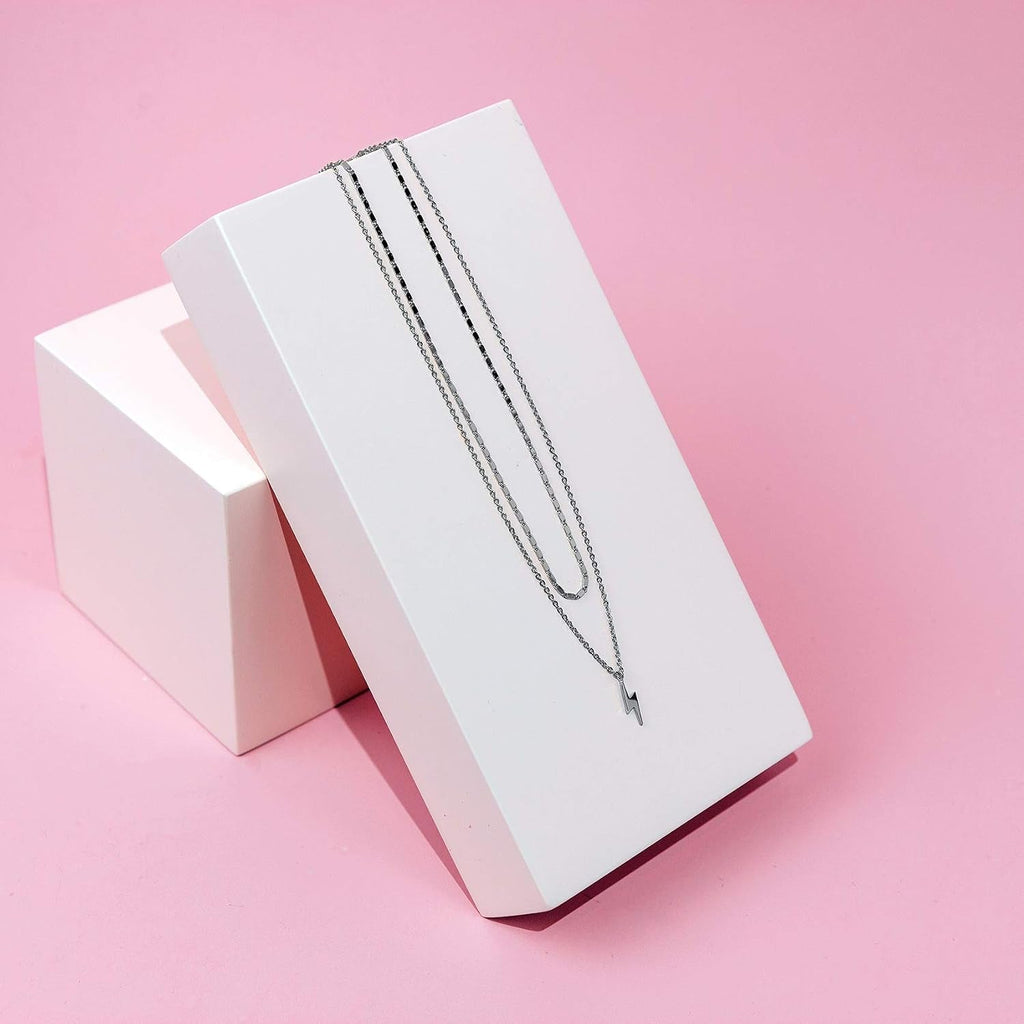 Silver-Tone Lightning Bolt Layered Necklace for Women – Dainty Double Chain Pendant Jewelry - KARMARKA