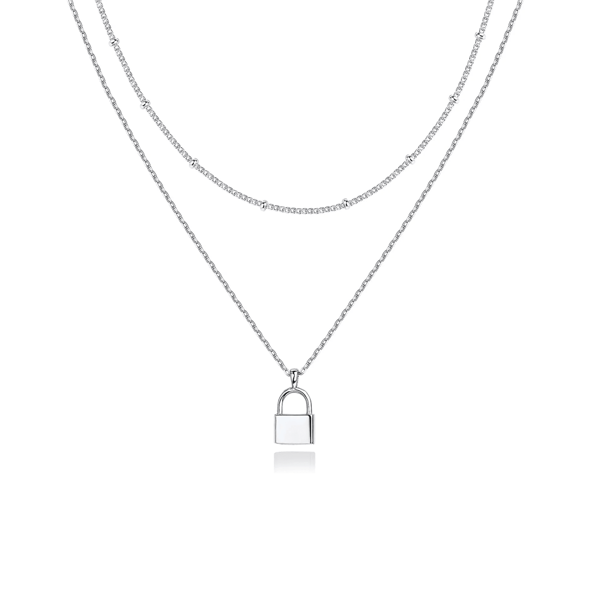 Silver-Tone Lock Pendant Layered Necklace for Women – Dainty Double Chain Jewelry - KARMARKA Main image