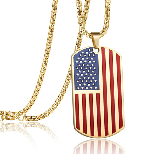 American USA Flag Dog Tag Pendant Necklace for Women Men 24" Chain