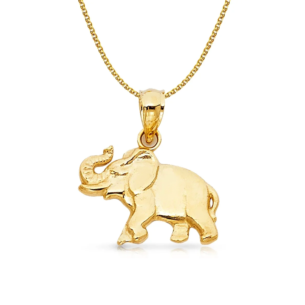 14K Yellow Gold Elephant Charm Pendant with 1.4Mm Flat Open Wheat Chain Necklace - 20"