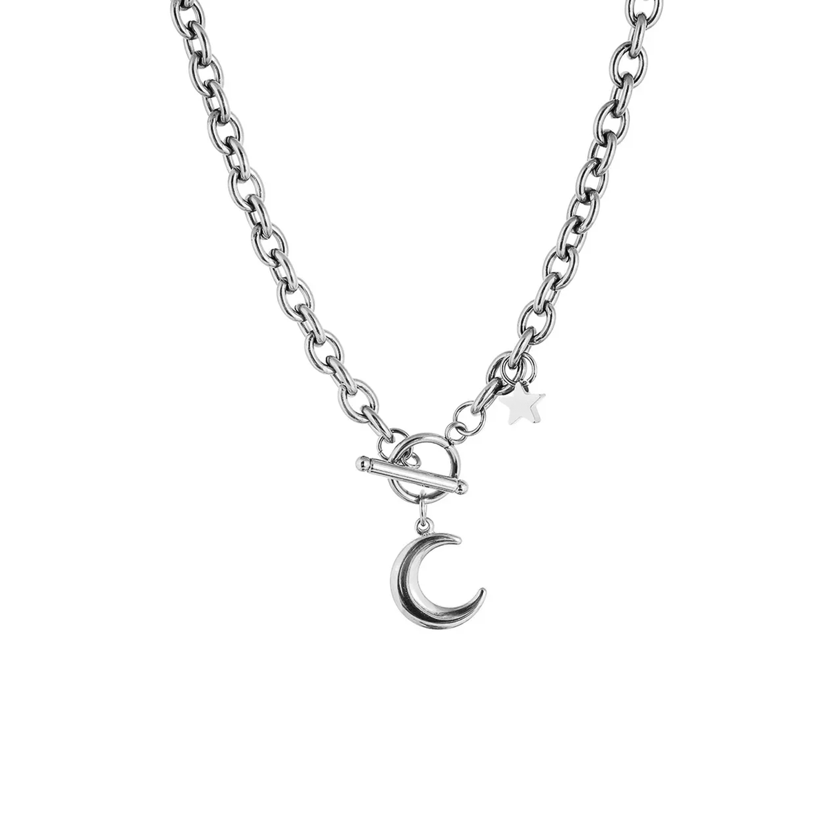 Stainless Steel Star & Moon Pendant Necklace – Thick Toggle Chain for Women - KARMARKA