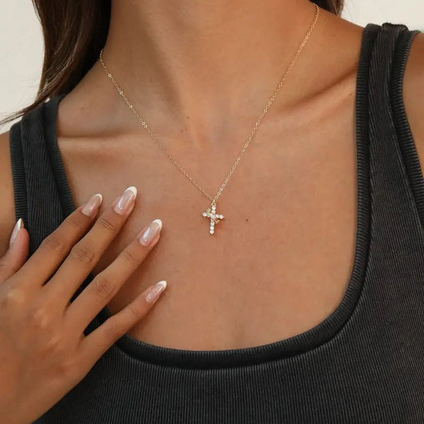 Tewiky 14K Gold Plated Crown Cross Zircon Pendant Necklace for Women-Dainty 14K Gold Cubic Zirconia Pendant Necklaces Simple Gold Cross Pendant Necklace for Easter Gifts - KARMARKA