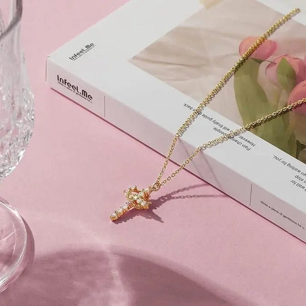 Tewiky 14K Gold Plated Crown Cross Zircon Pendant Necklace for Women-Dainty 14K Gold Cubic Zirconia Pendant Necklaces Simple Gold Cross Pendant Necklace for Easter Gifts - KARMARKA