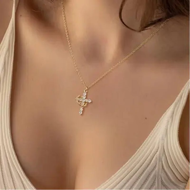 Tewiky 14K Gold Plated Crown Cross Zircon Pendant Necklace for Women-Dainty 14K Gold Cubic Zirconia Pendant Necklaces Simple Gold Cross Pendant Necklace for Easter Gifts - KARMARKA